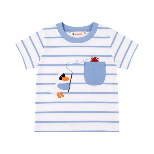 Short Sleeve Striped Applique Pocket T-Shirt, Pelican Fishing