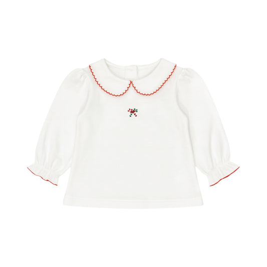 Long Sleeve Embroidered Collared Top, Candy Canes