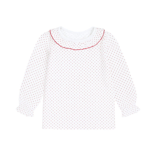 Long Sleeve Ruffled Neck Top, Polka Dots