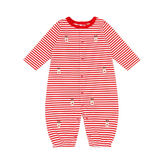 Long Sleeve Embroidered Striped Romper, Rudolph