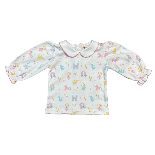 Girl's Long Sleeve Collared Back Zip Shirt, Princess Print