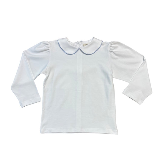 Girl's Long Sleeve Knit Peter Pan Shirt, White/Sky Blue