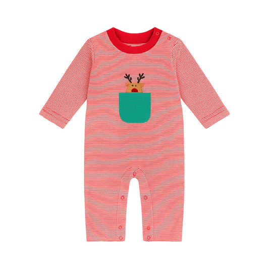 Long Sleeve Striped Pocket Romper, Rudolph