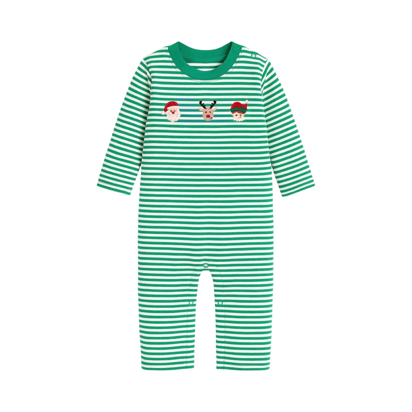 Long Sleeve Striped Embroidered Romper, Christmas Friends