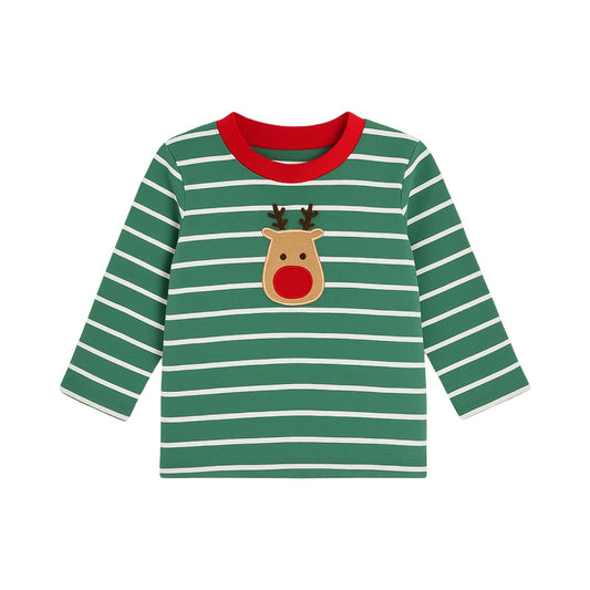 Long Sleeve Applique Striped T-Shirt, Rudolph