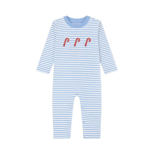 Long Sleeve Applique Striped Romper, Candy Canes