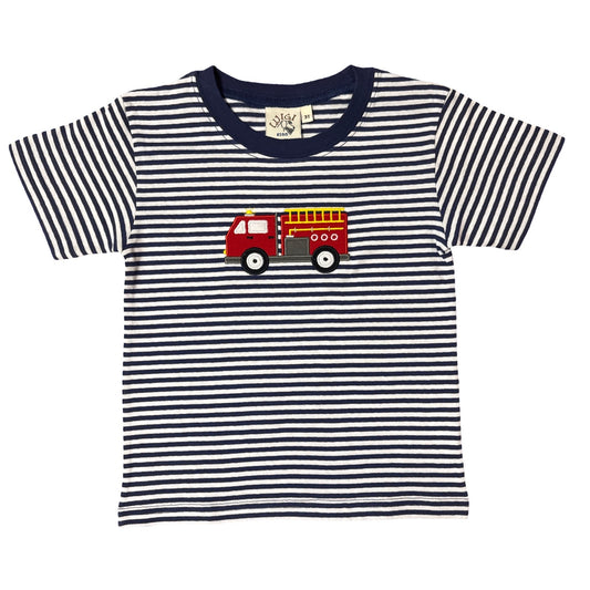 Boy Short Sleeve T-Shirt, Navy Stripe with Firetruck Applique