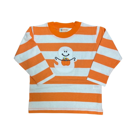 Long Sleeve Orange & White Striped T-Shirt with Ghost