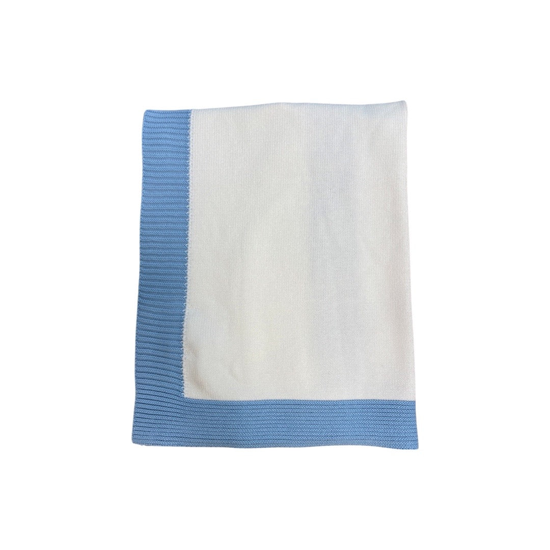Jersey Knit Blanket with Contrast Rib Border, White with Blue