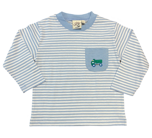 Long Sleeve Sky Blue Striped Shirt, Green Dump Truck on Pocket