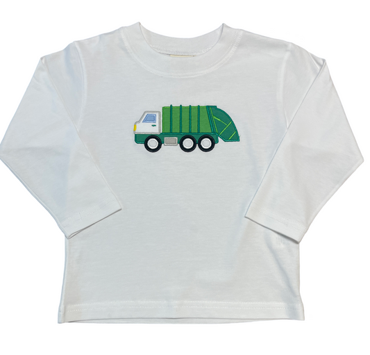 Boy's Long Sleeve White T-Shirt with Green Garbage Truck Applique