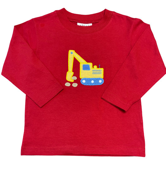 Boy's Long Sleeve Red T-Shirt, Backhoe Digging Applique