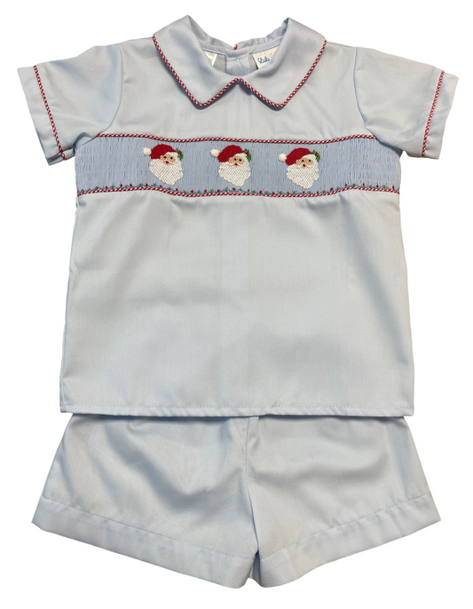 Boy's Blue Smocked Santa Short Set