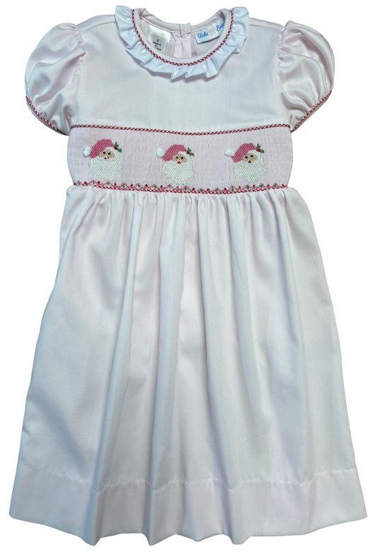 Girl's Pink Smocked Waist Santa White Ruffle Neckline Dress