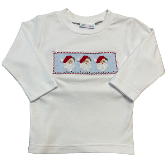 Boy's Blue Smocked Santa L/S White T-Shirt