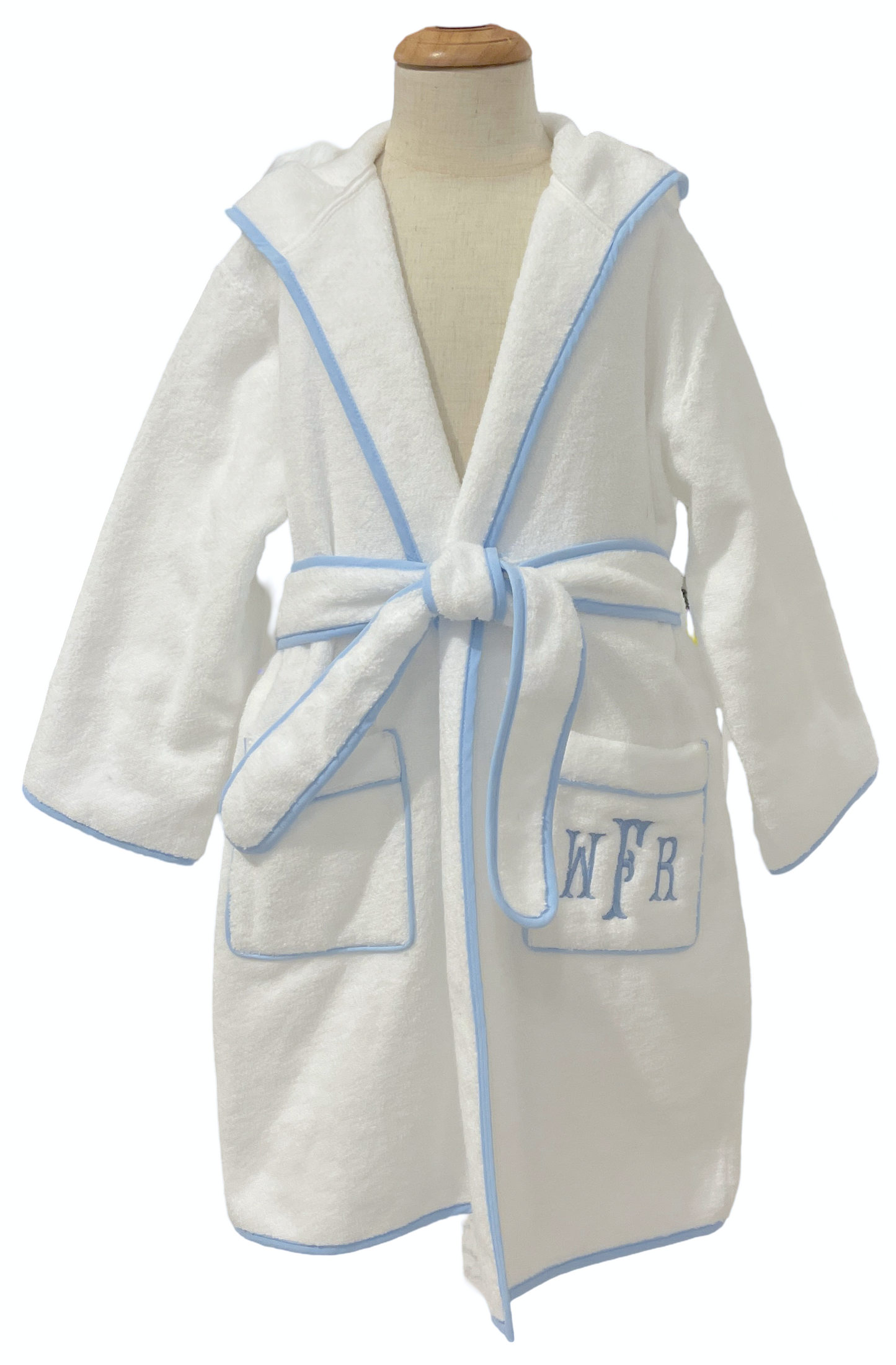 Bath Robe, White with Blue Trim