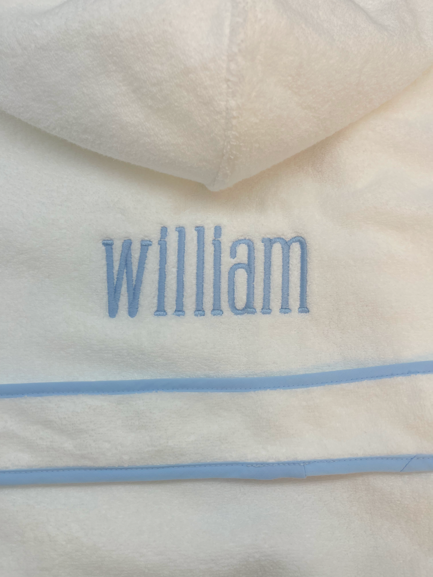 Bath Robe, White with Blue Trim