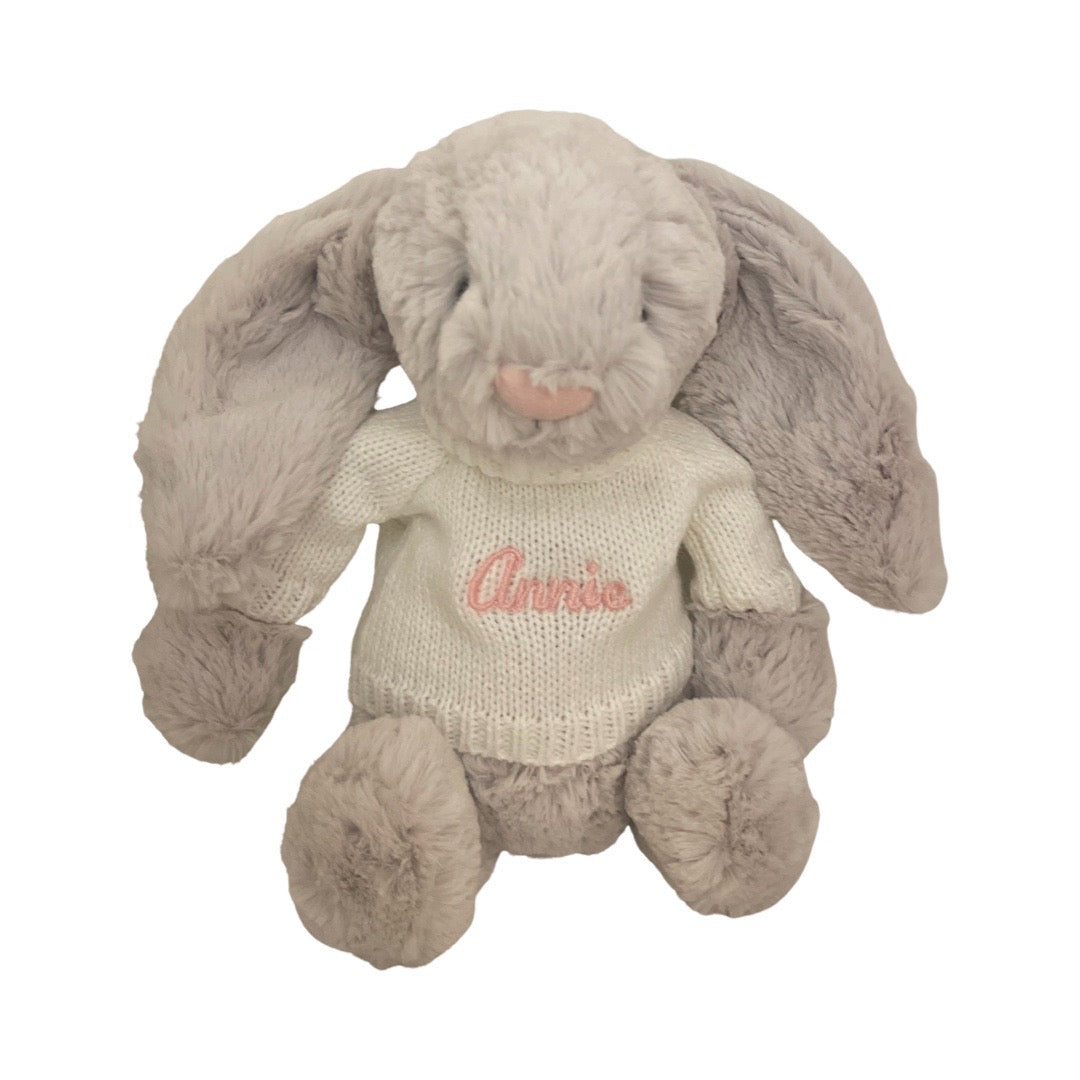Personalized Jellycat Sweater, Pink Name (for medium sized bashful jellycats)
