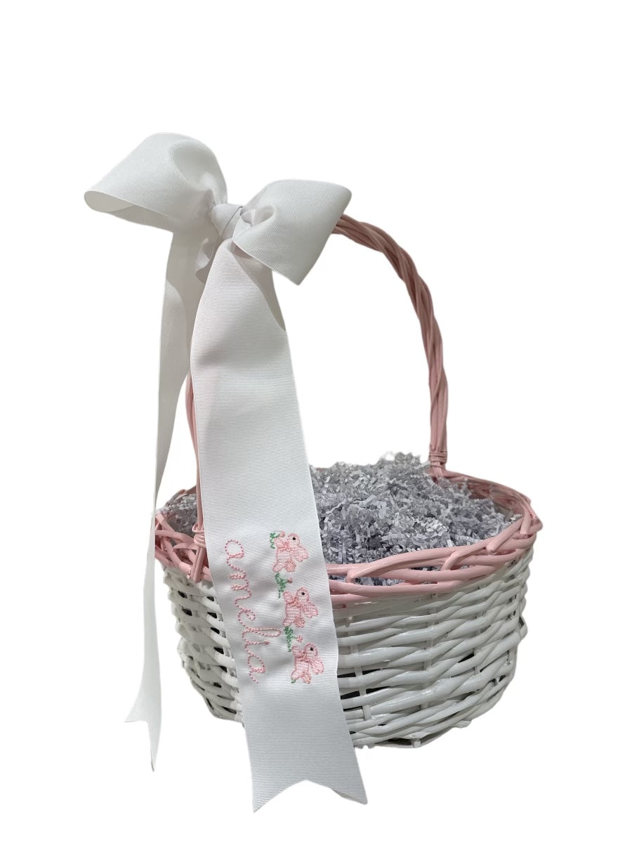 Easter Basket Ribbon, White Grosgrain with 3 Pink Hopping Bunnies, Babydoll Font