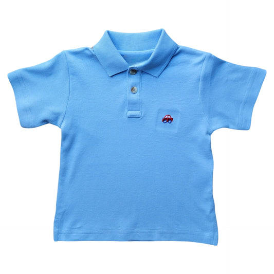 Short Sleeve Polo Shirt, Sky Blue with Embroidered Red Car