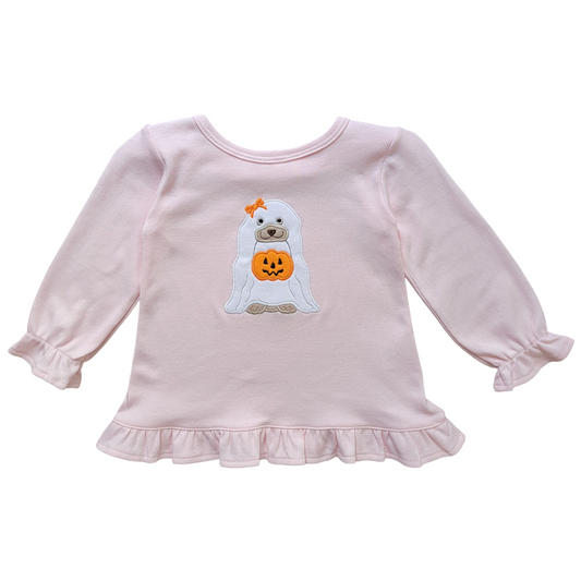 Girl's Long Sleeve Light Pink Ghost Dog Ruffle Swing Top