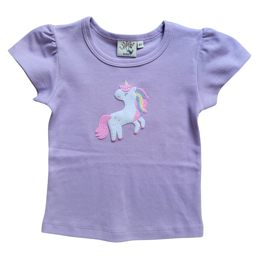Girl's Short Sleeve Unicorn Applique Lavender T-Shirt