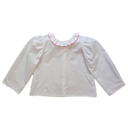 Girl's Long Sleeve Ruffle Neck White Blouse with Red Trim