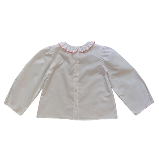 Girl's Long Sleeve Ruffle Neck White Blouse with Red Trim