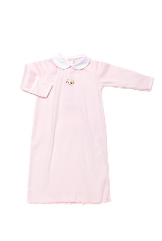 Girl's Pink Day Gown with Spotted Puppy Embroidery