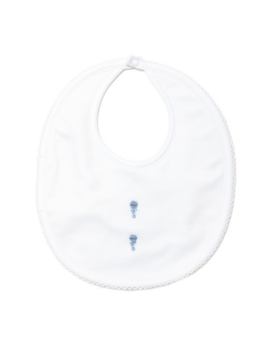 Baby Bib, 2 Blue Embroidered Rattles
