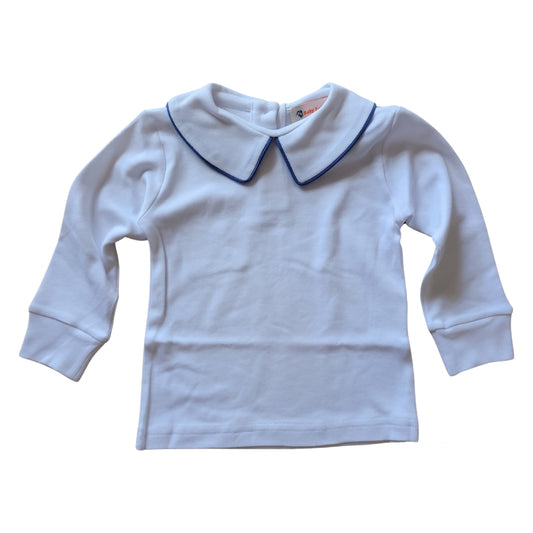 Boy's Long Sleeve Basic Knit Top, White with Dark Chambray Piping