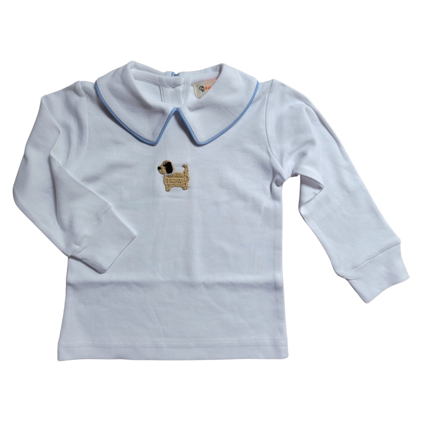 Boy's Long Sleeve Collared Shirt with Crochet Puppy