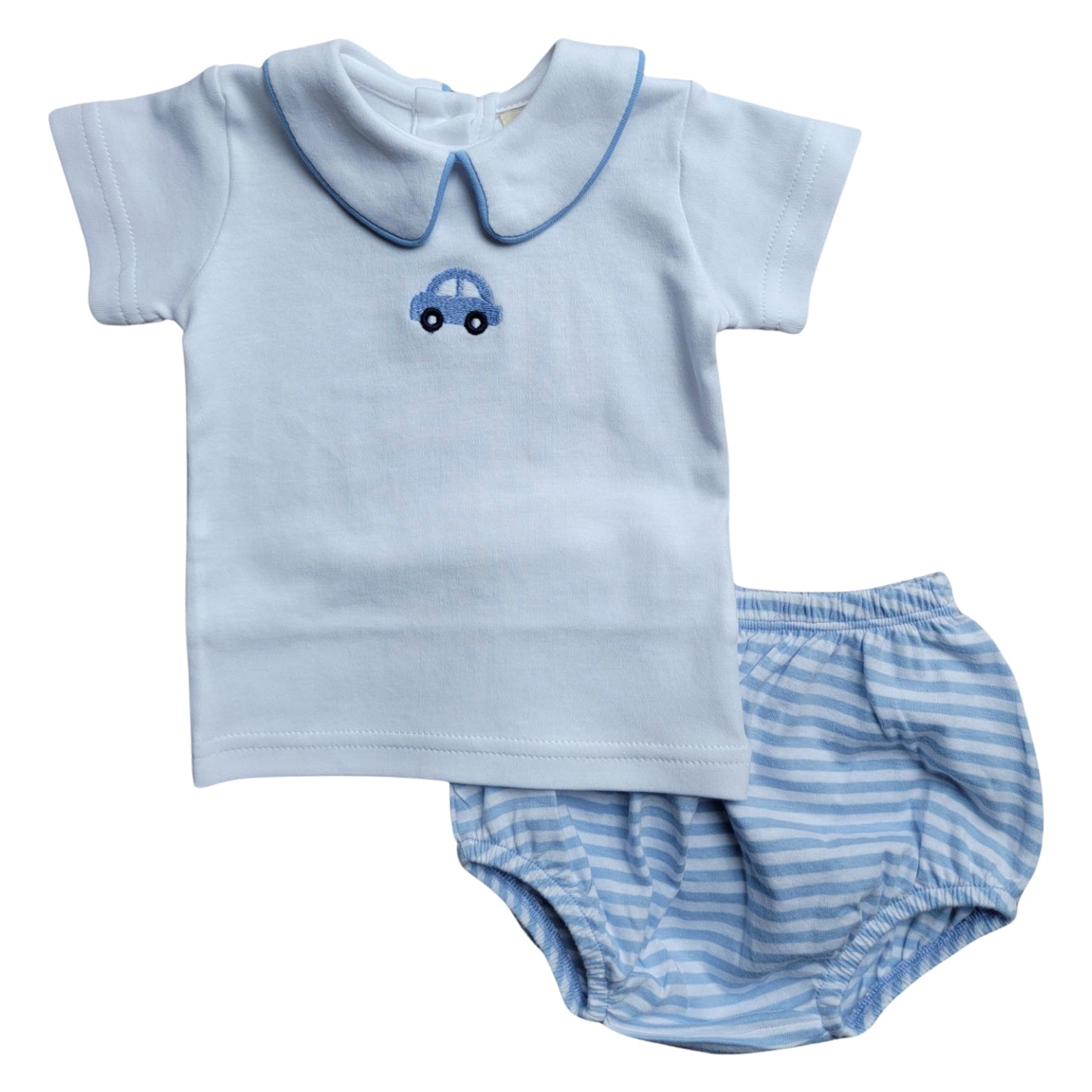 Boy's Short Sleeve Collared Embroidered Car Blue Stripe Diaper Set