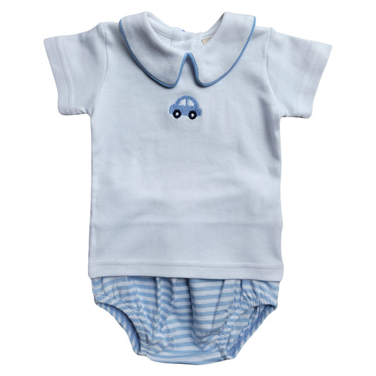 Boy's Short Sleeve Collared Embroidered Car Blue Stripe Diaper Set