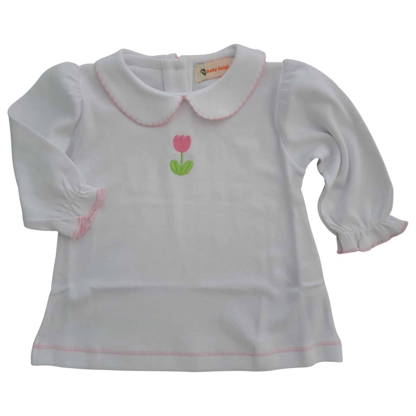 Girl's Long Sleeve Collared Shirt with Embroidered Tulip