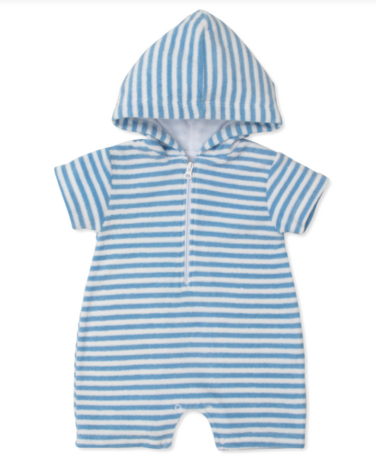 Terry Stripes Blue Hooded Romper