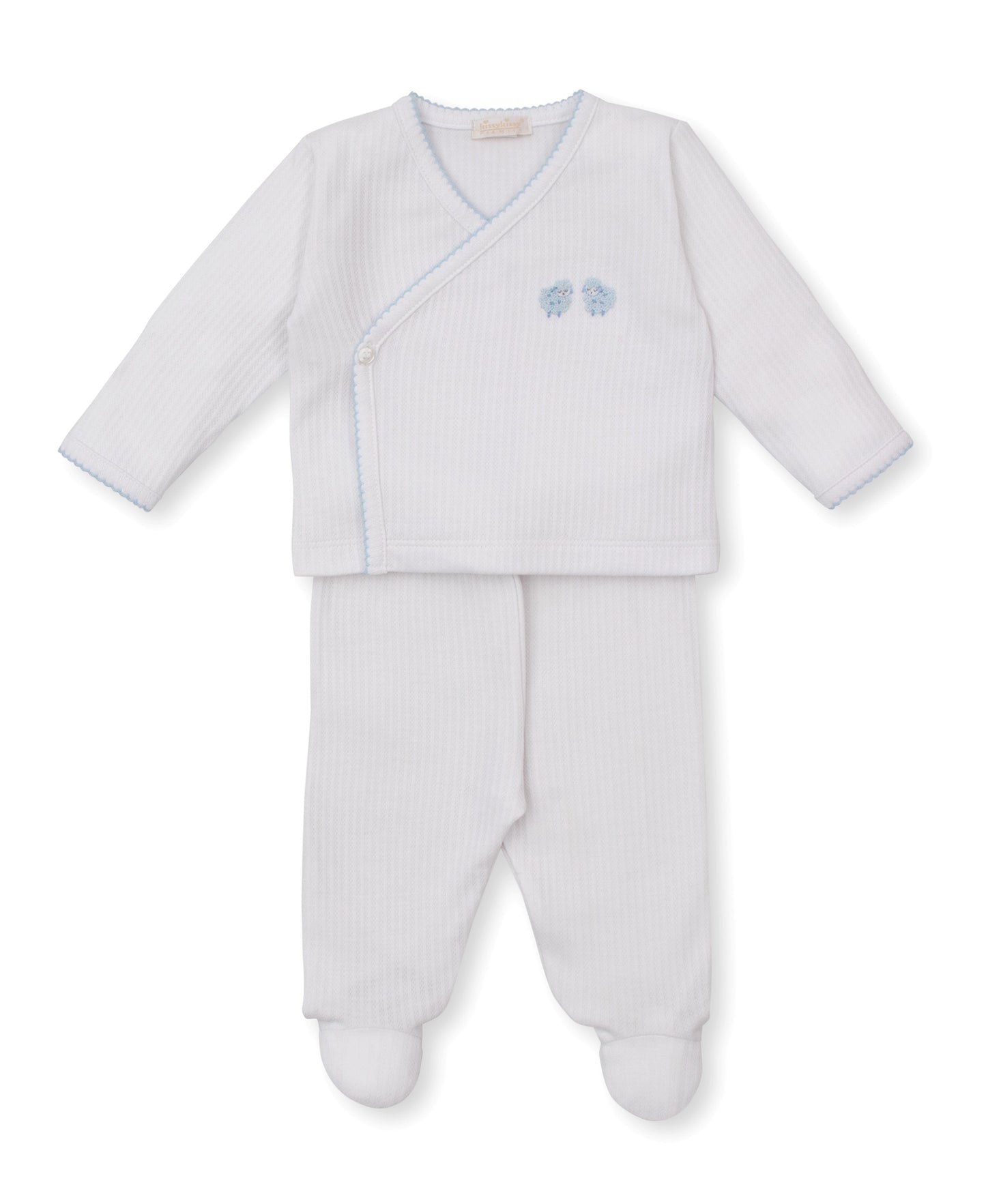 Baby Sheep White w/ Blue Trim Cross Tee & Pant Set