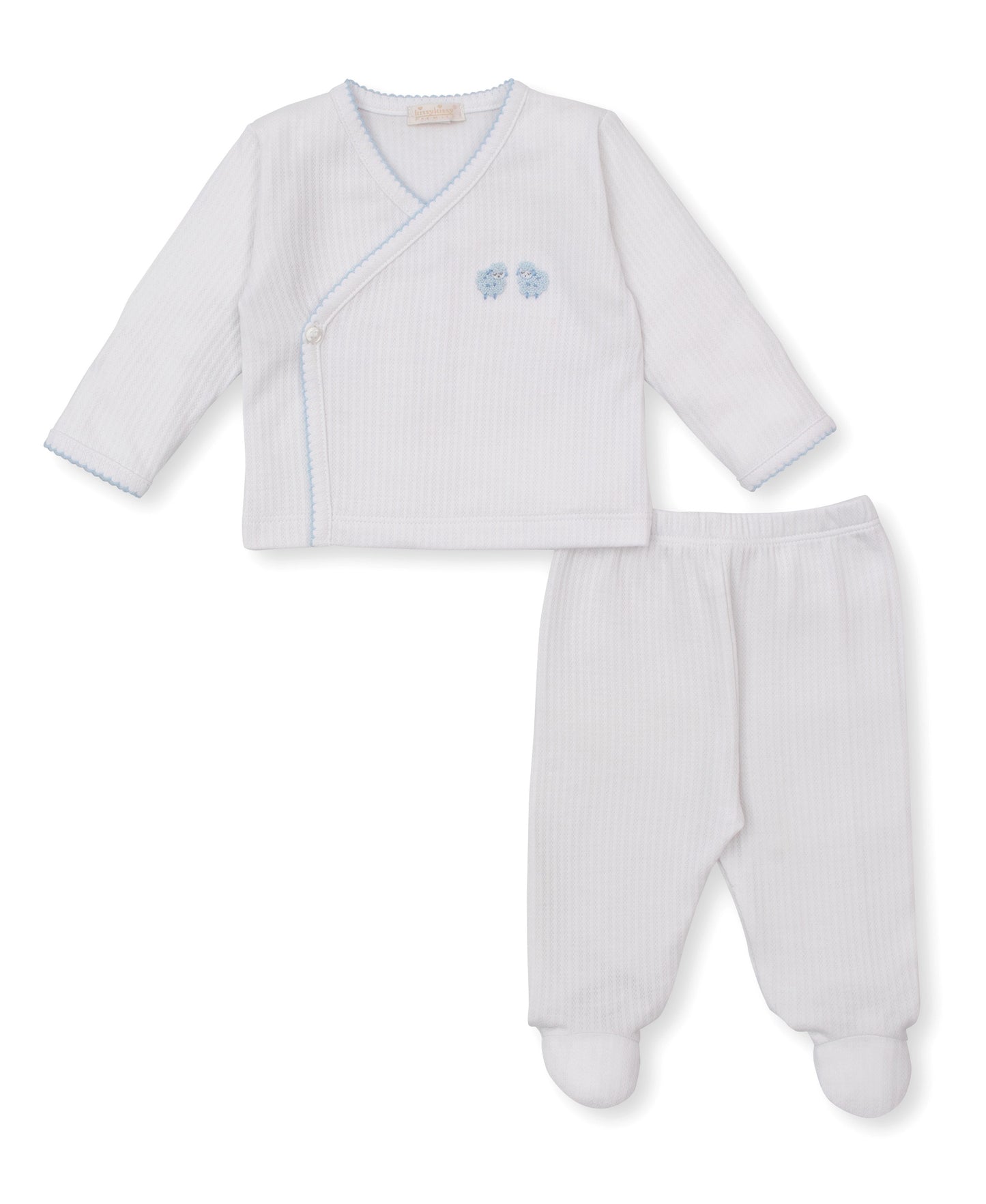 Baby Sheep White w/ Blue Trim Cross Tee & Pant Set