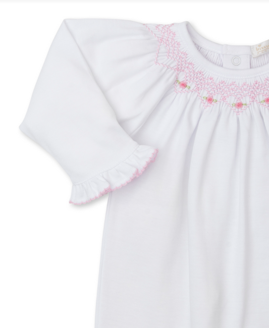 Smocked White Bishop Footie with Pink CLB Summer Bishop 24