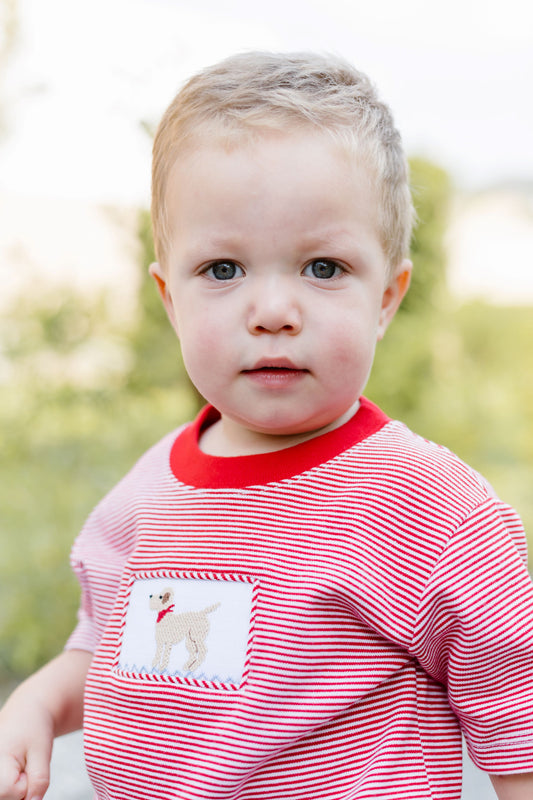 Labrador Smocked Short Sleeve Red Stripe T-Shirt