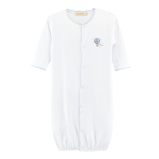 White baby romper with blue accents on a white background