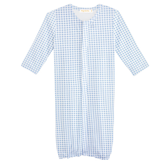 Blue and white checkered baby gown on a white background