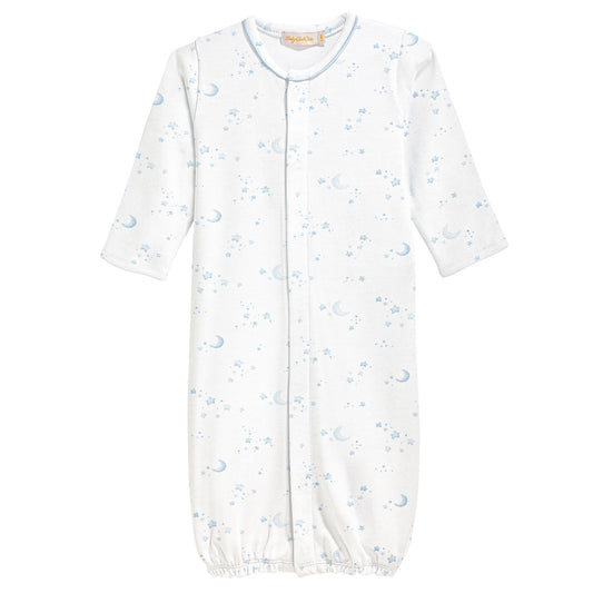 White baby gown with blue star pattern on a white background