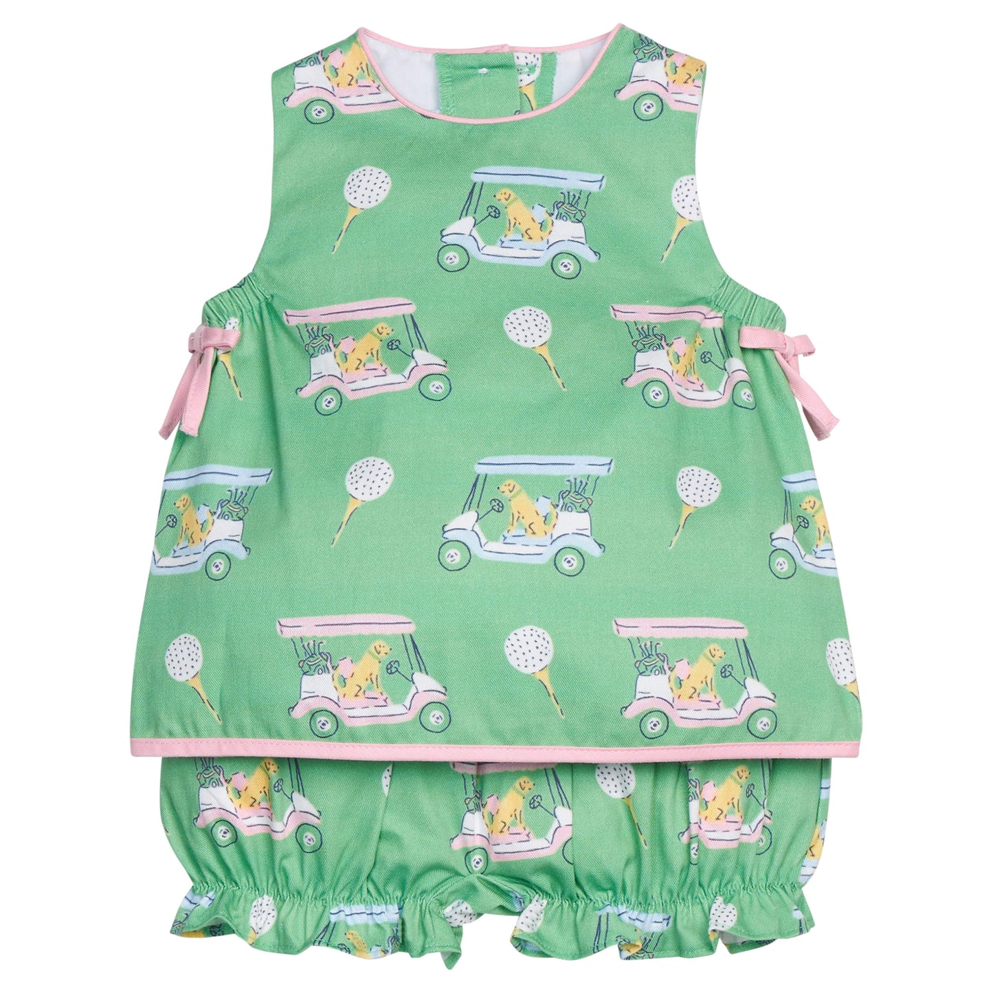 Little English traditional children's clothing.  Green and pink two piece set with golf cart print for baby girls.