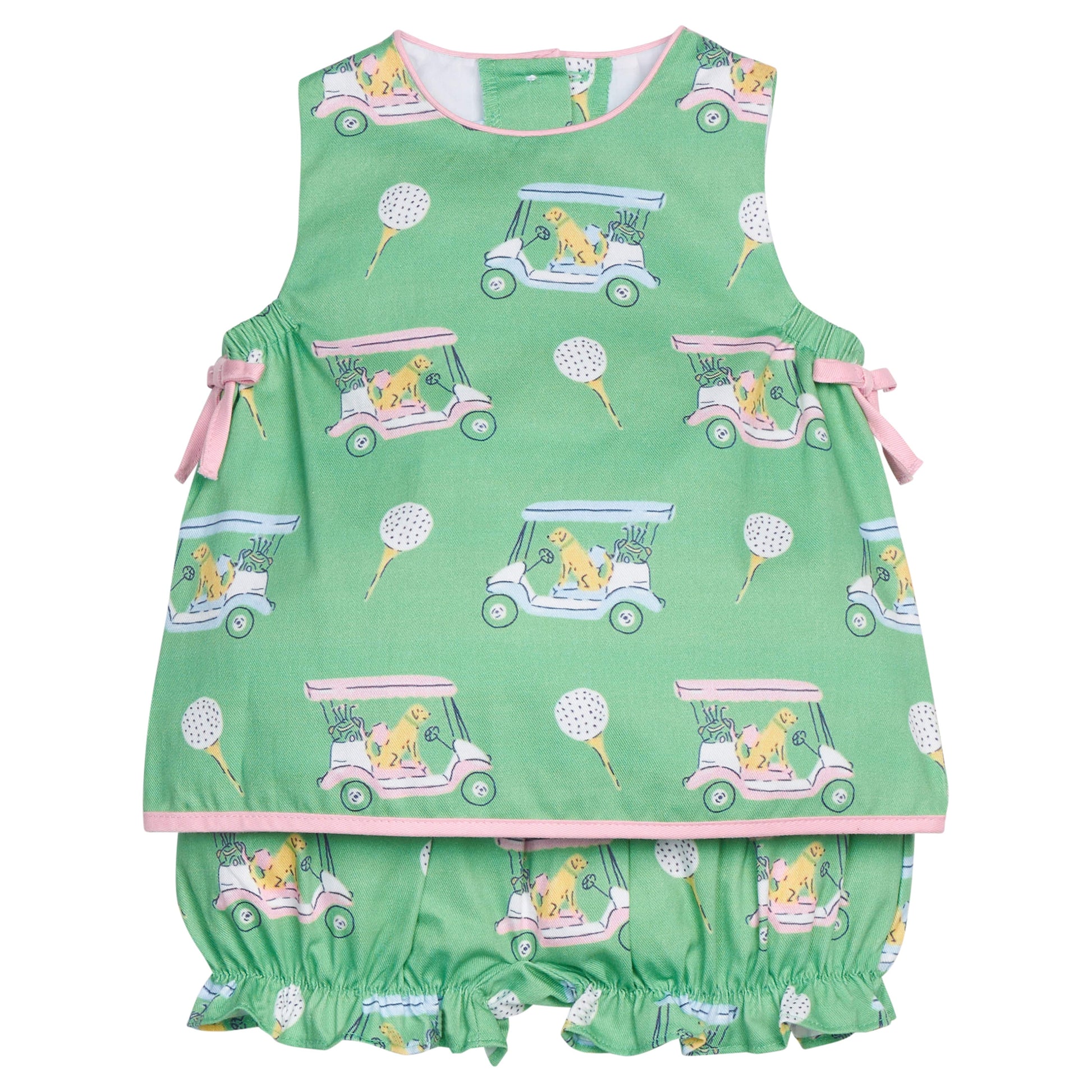 Little English traditional children's clothing.  Green and pink two piece set with golf cart print for baby girls.