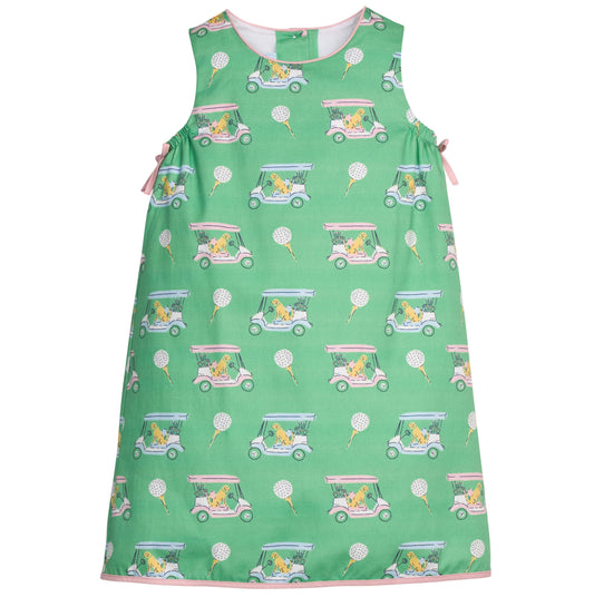 Little English traditional children's clothing.  Green and pink golf cart print sleeveless dress for girls