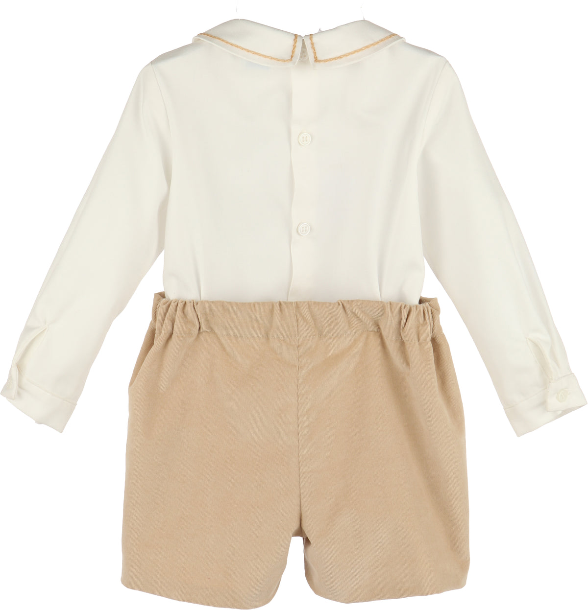 Baby outfit with white long-sleeve top and beige shorts on a white background