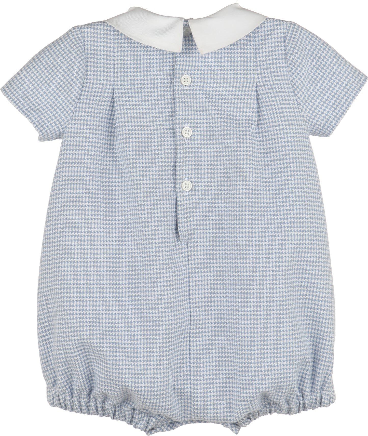 Blue checkered baby romper with white collar on a white background