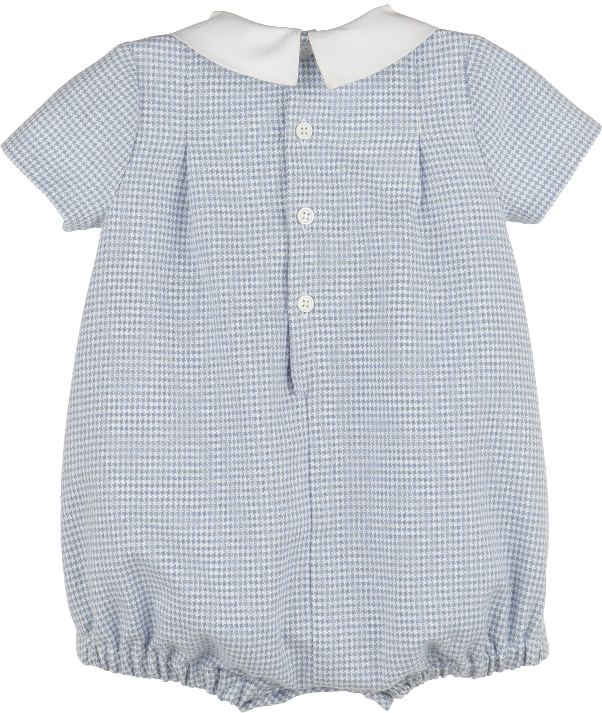 Blue checkered baby romper with white collar on a white background