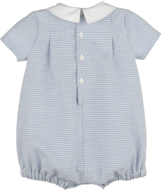 Blue checkered baby romper with white collar on a white background